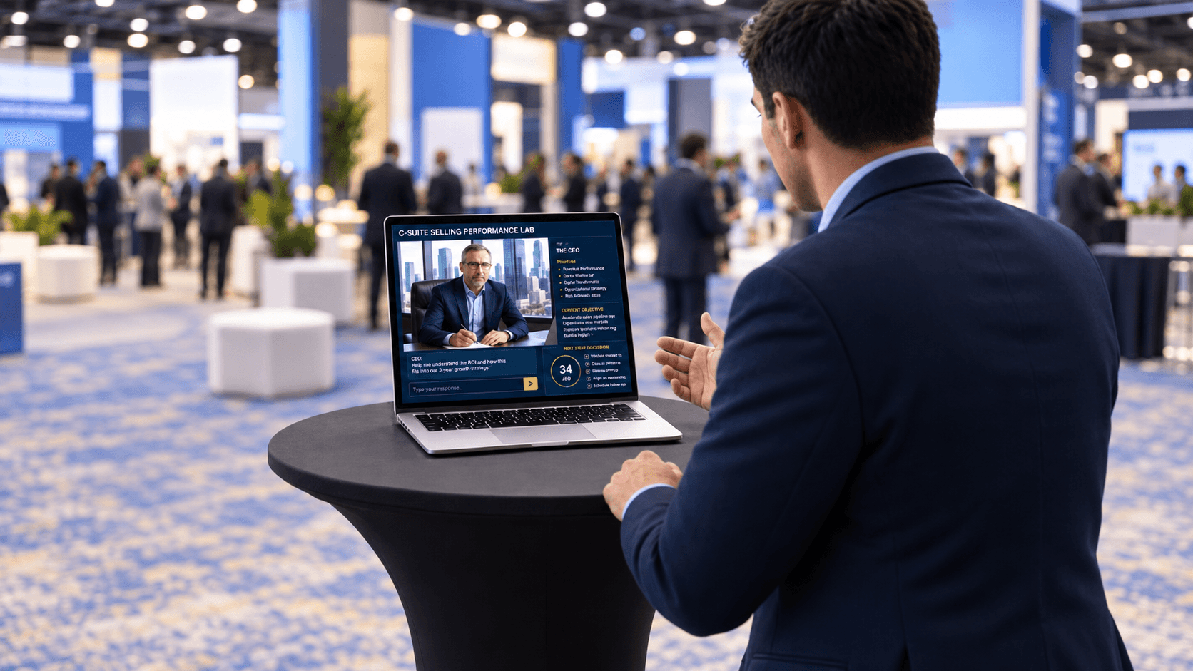 An adviser role-playing a C-suite conversation at the AI-powered Performance Lab during ASCEND