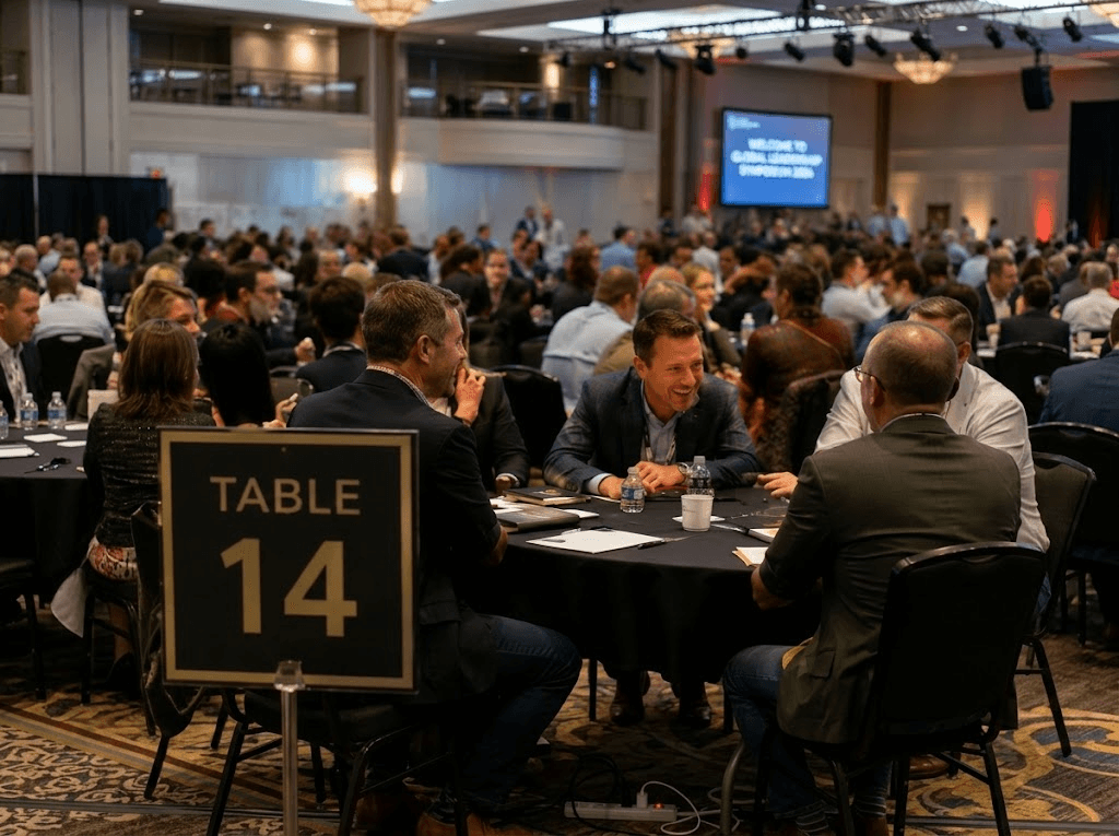 Advisers in small-group table conversations during the Meet the Masters challenge at ASCEND
